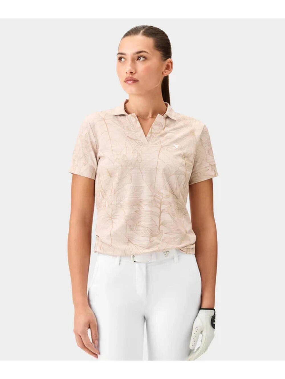 NEW Macade Women's SMALL Aura TX V Neck Polo Shirt Top Beige Palm Print NWOT